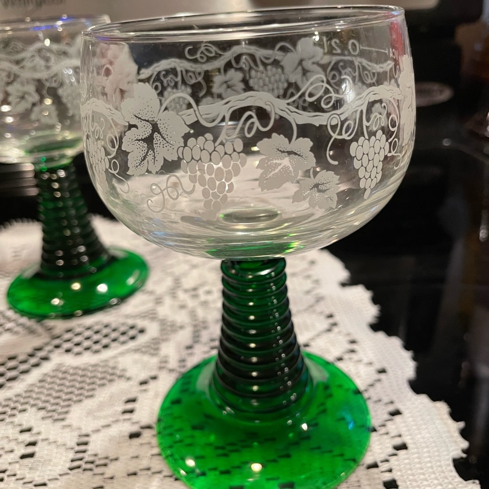 Elegant Green Stem Wine Glass; made in France, never used